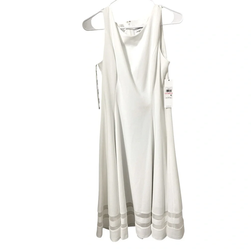💚💙🌼NWT CALVIN KLEIN MESH INSERT DRESS. Elegant White Sleeveless Dress - Picture 2 of 9